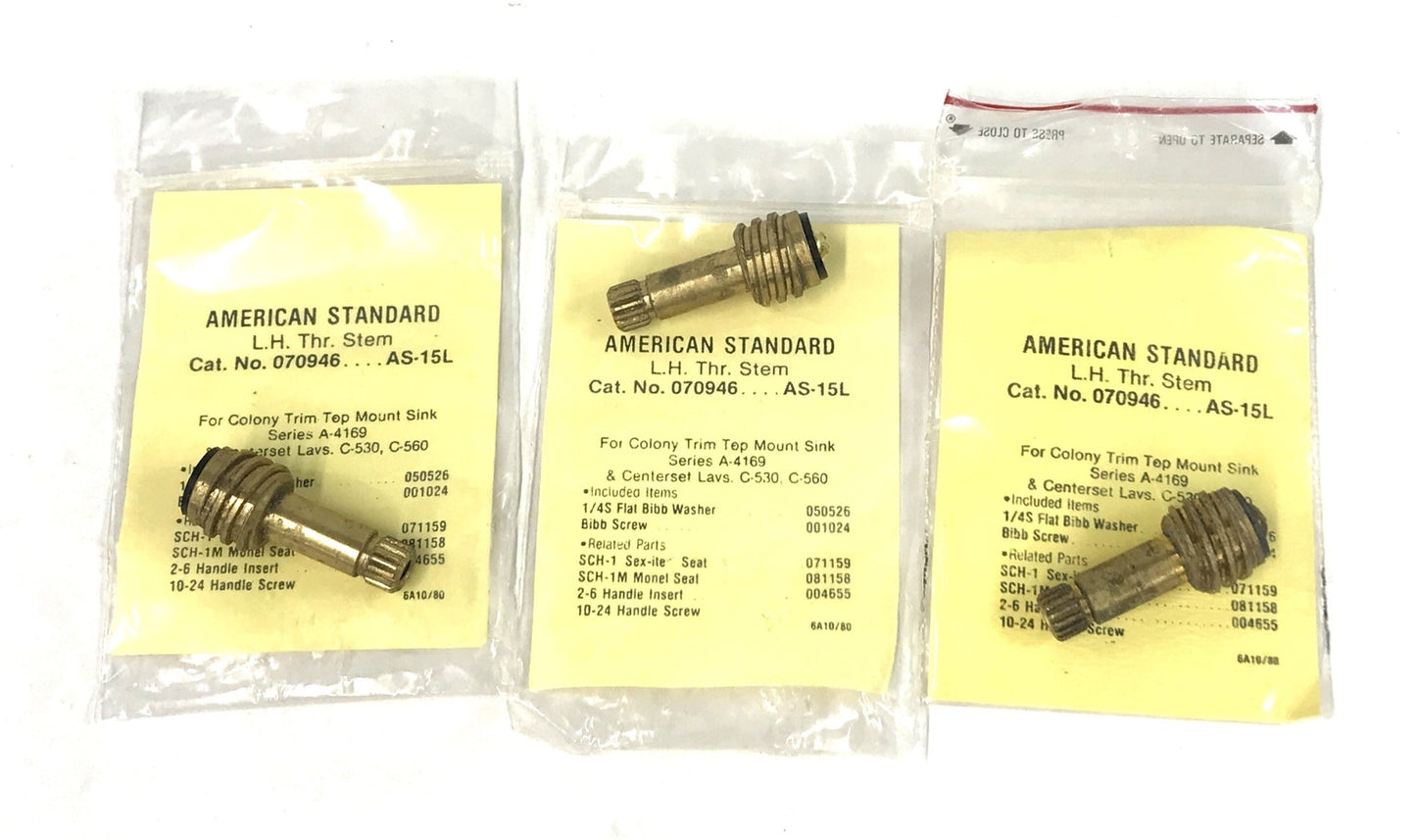Sexauer/American Standard L.H. Threaded Stem 070946 (AS-15L) [Lot of 3] NOS