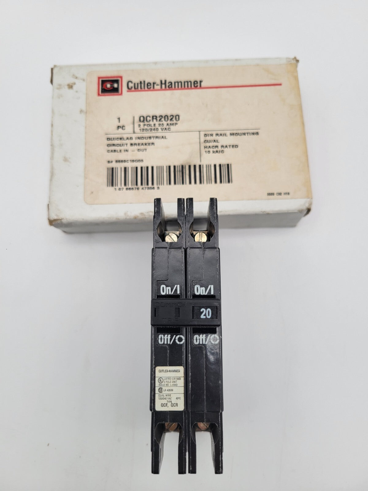 Cutler-Hammer QCR2020 Circuit Breaker 20 Amp 240 VAC 2 Pole DIN Rail Mount NOS