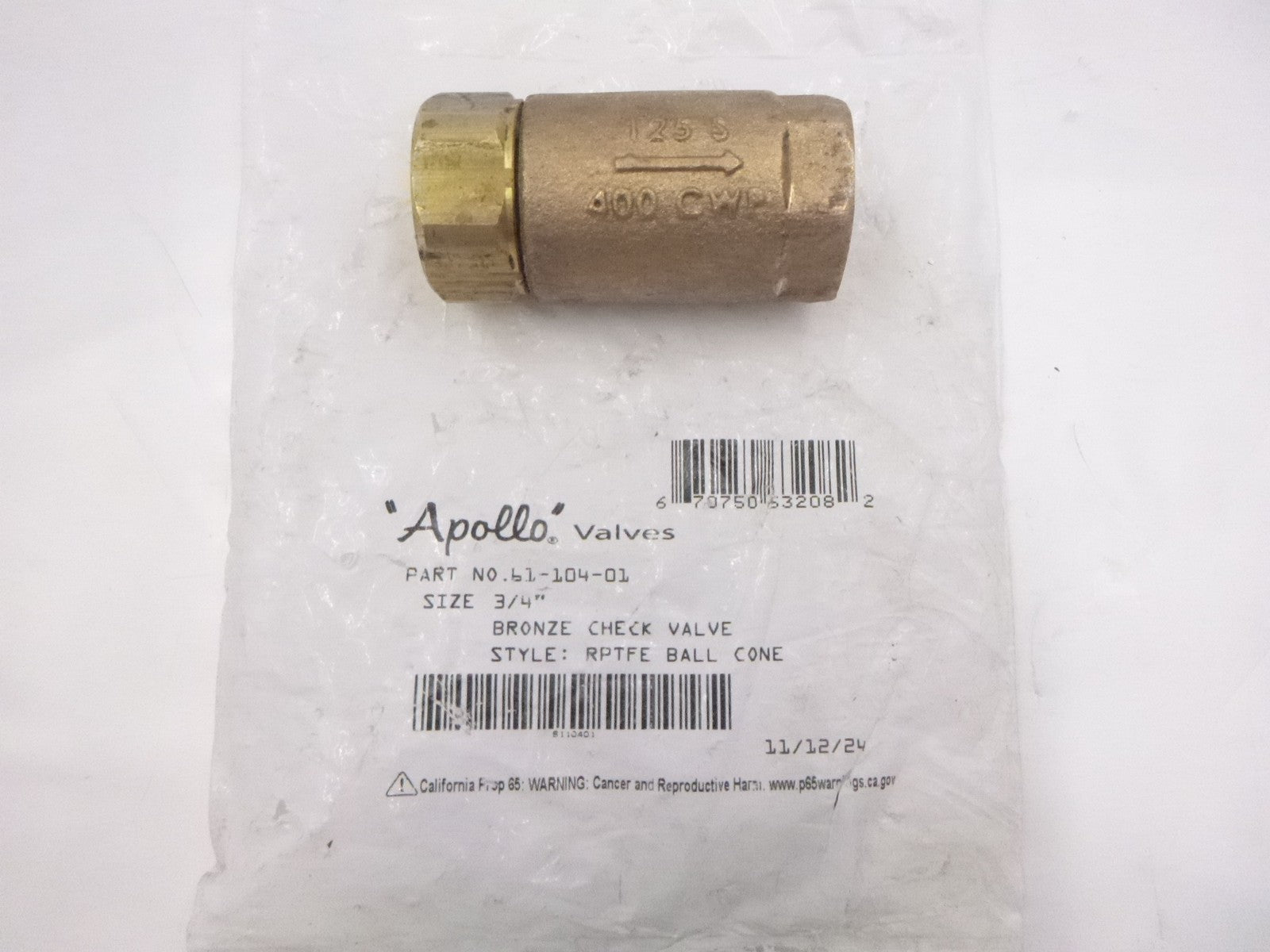 Apollo 3/4" Bronze Check Valve 61-104-01 Ball Cone 61-100 Series
