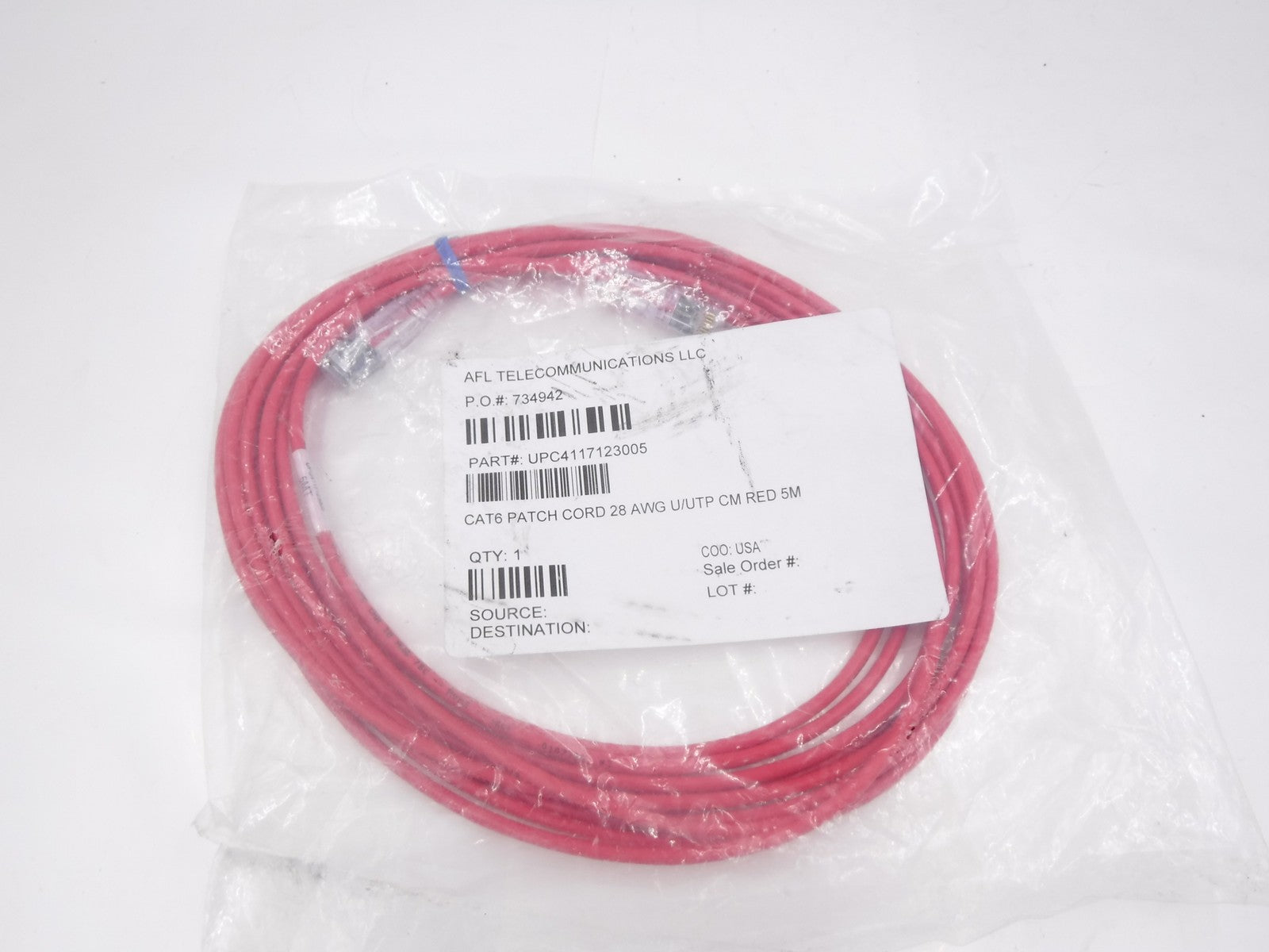 5 Meter L Cat 6 28AWG Stranded Copper U/UTP CM Red Patch Ethernet Cord