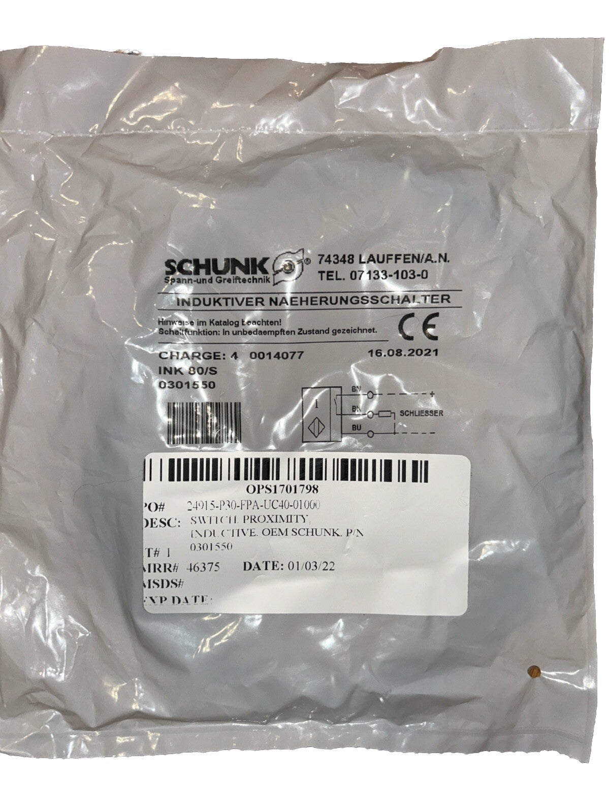 0301550 Inductive Proximity Switch Fits For Schunk INK 80/S. NEW!     C2