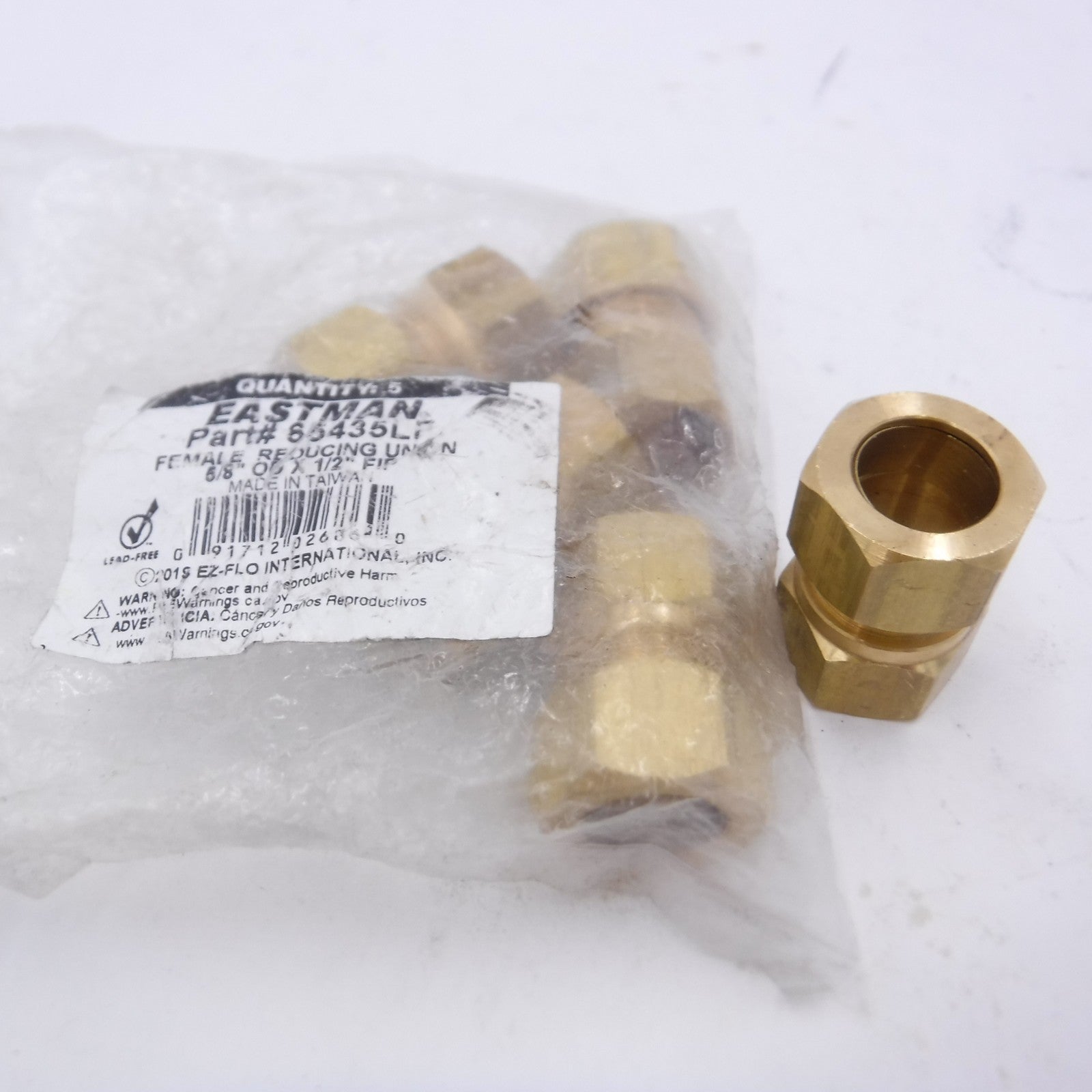 5 Pack Eastman Female Reducing Union 5/8" OD x 1/2" FIP, 65435LF Brass