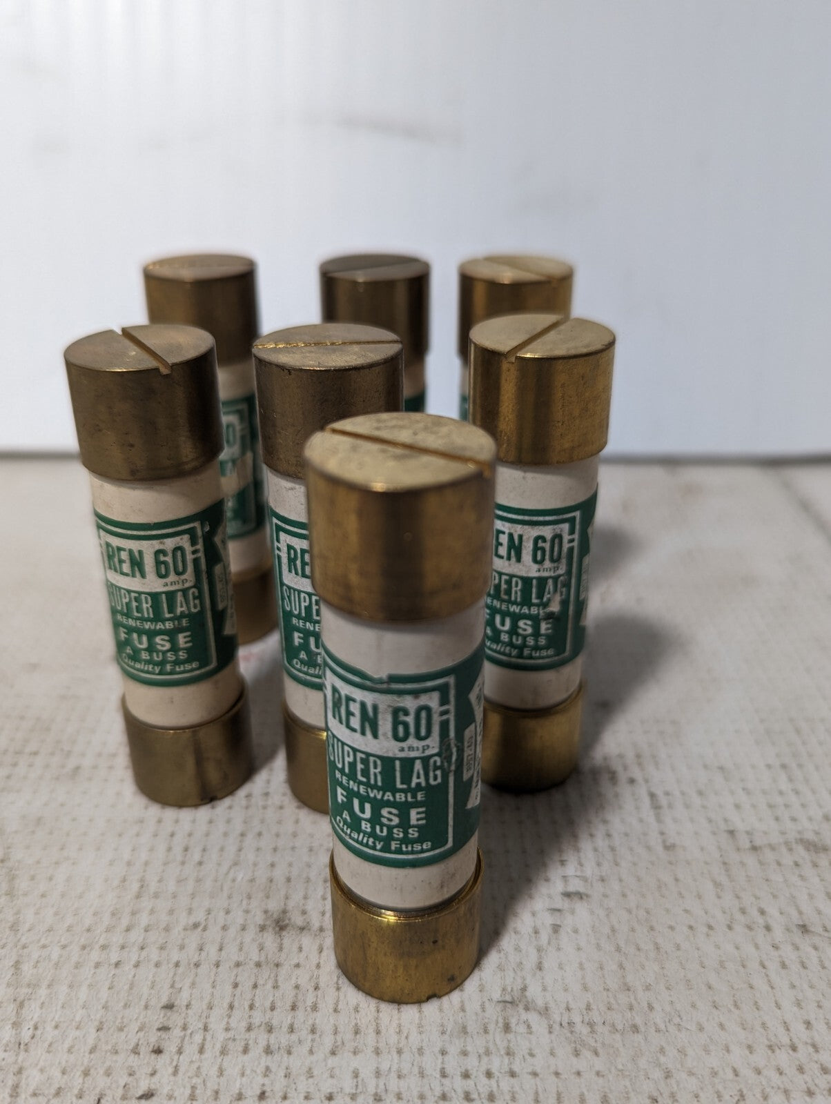 Lot of 7 Buss REN60 super lag renewable fuses, 60A, 250V or less