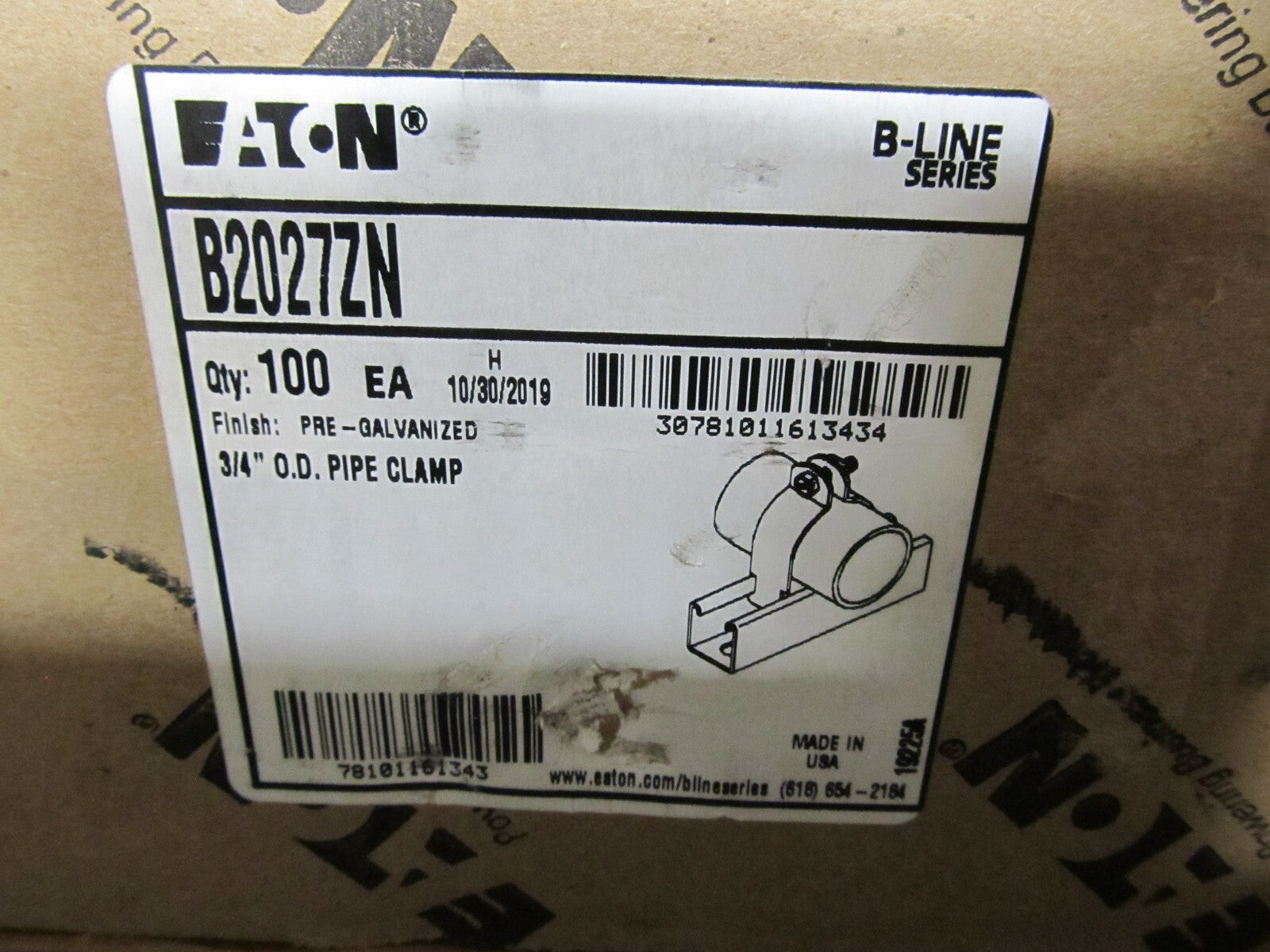 *NEW* - "BOX OF 100" EATON B-Line B2027ZN, 3/4", Steel, Conduit Clamps