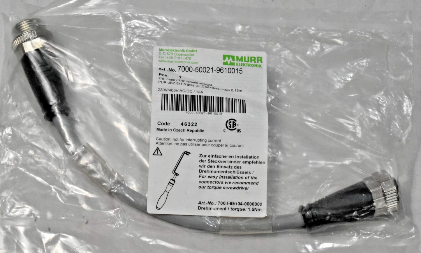 Murr 7000-50021-9610015 Connection Cable 7/8'' Male, 7/8'' Female, 5-Pole, 0.15m