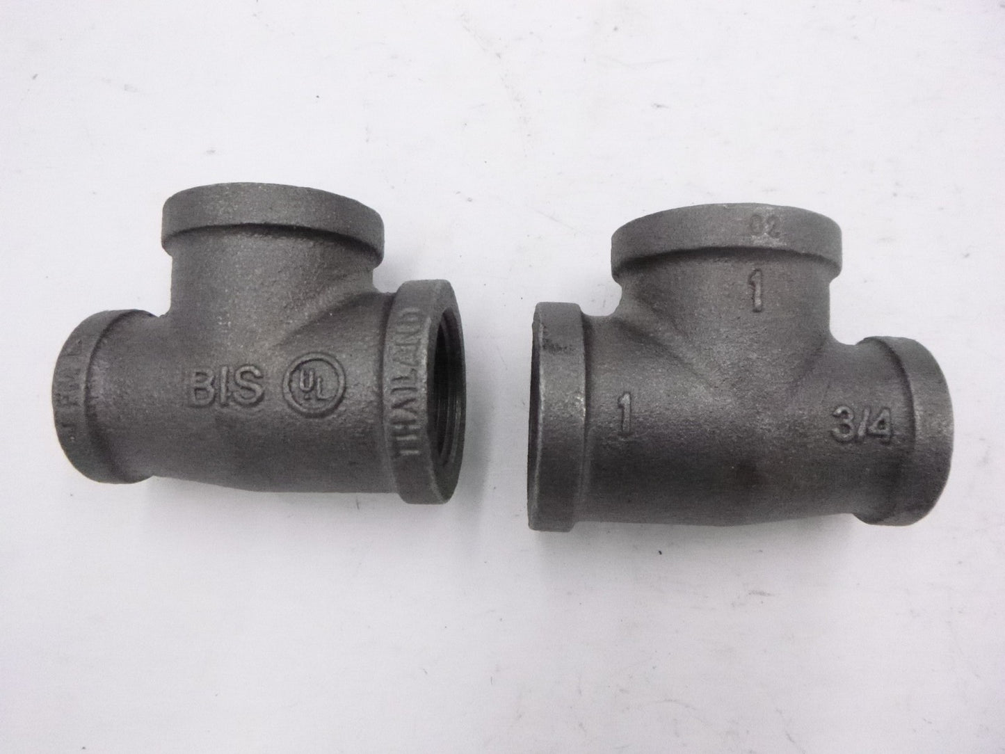2 Pack BIS 1" x 3/4" x 1" Black Malleable Iron Reducing Tee Fittings