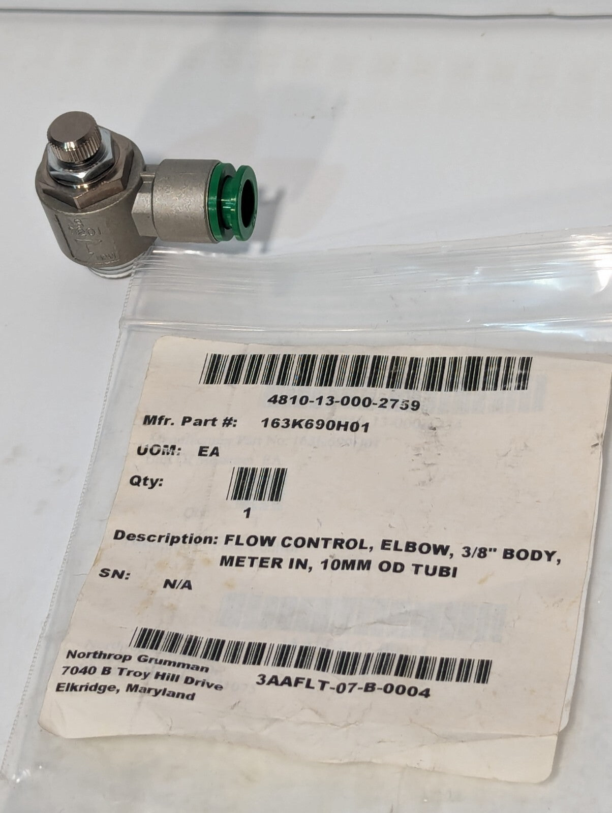 163K690H01 Green Air Flow Control Elbow, 3/8" body, 10MM OD Tubi