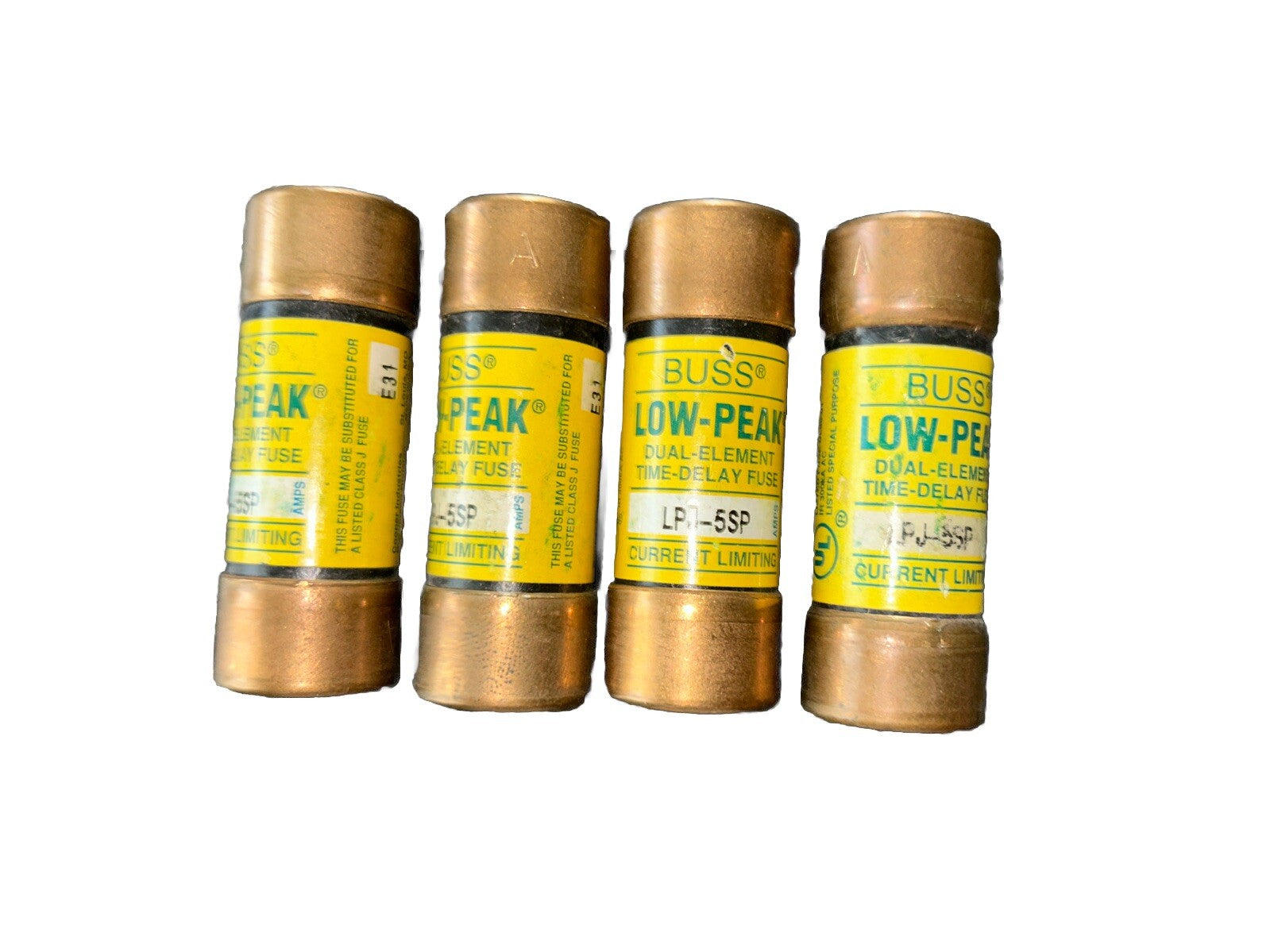 LOT OF 4 BUSSMANN LPJ-5SP, 5AMP 600VAC, CLASS J FUSES.        F6