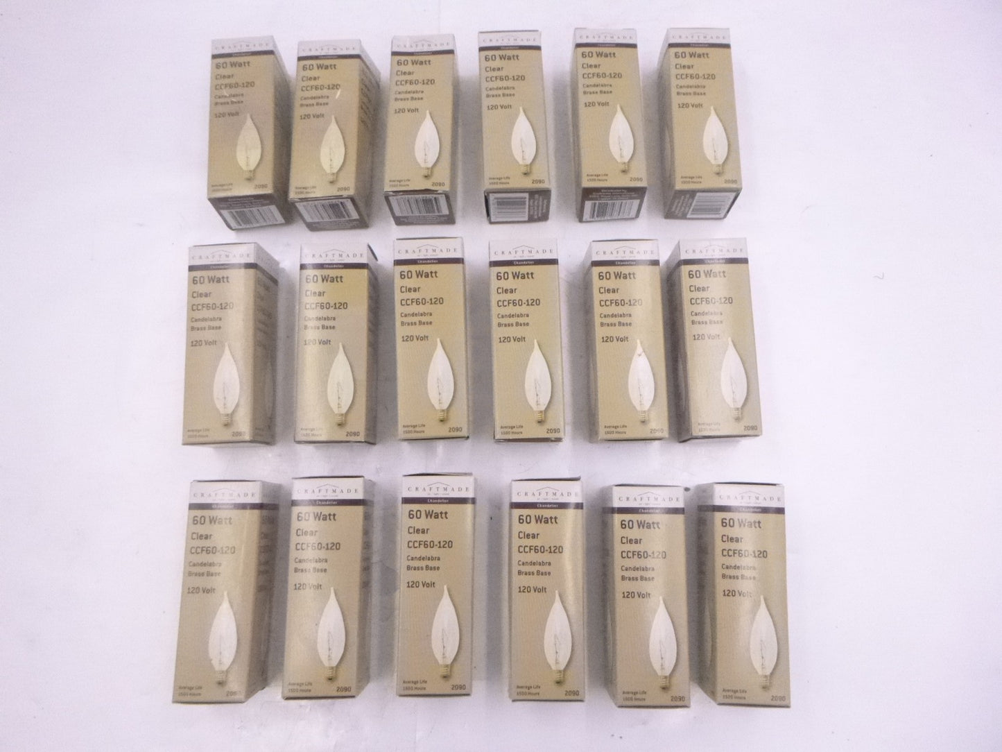 18 Pack Craftmade 60 Watt Chandelier Light Bulb CCF60-120 Brass Base 120 Volt
