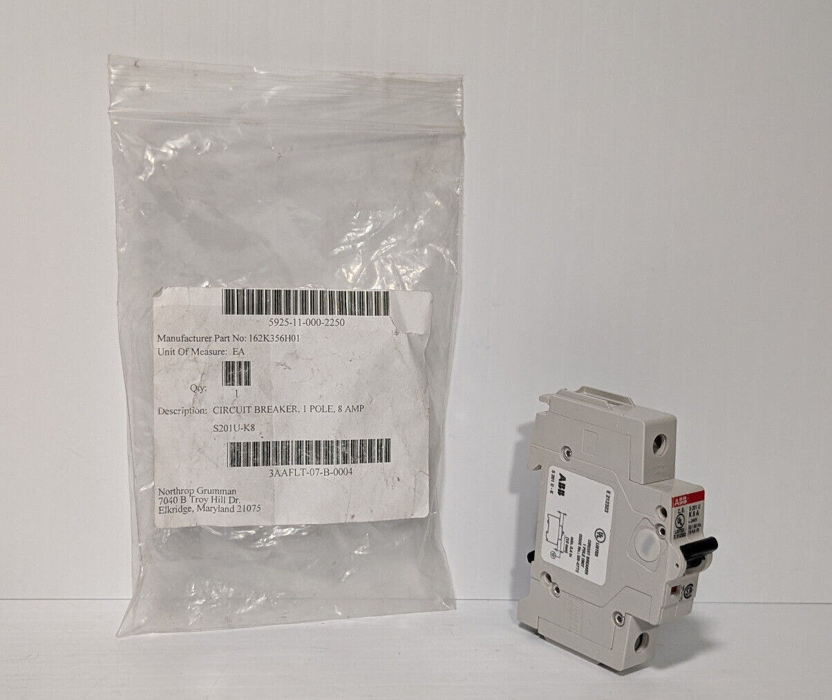 ABB S201U-K8 Circuit Breaker, 162K356H01 8 A, 240 VAC, 50/60 Hz, 1-Pole