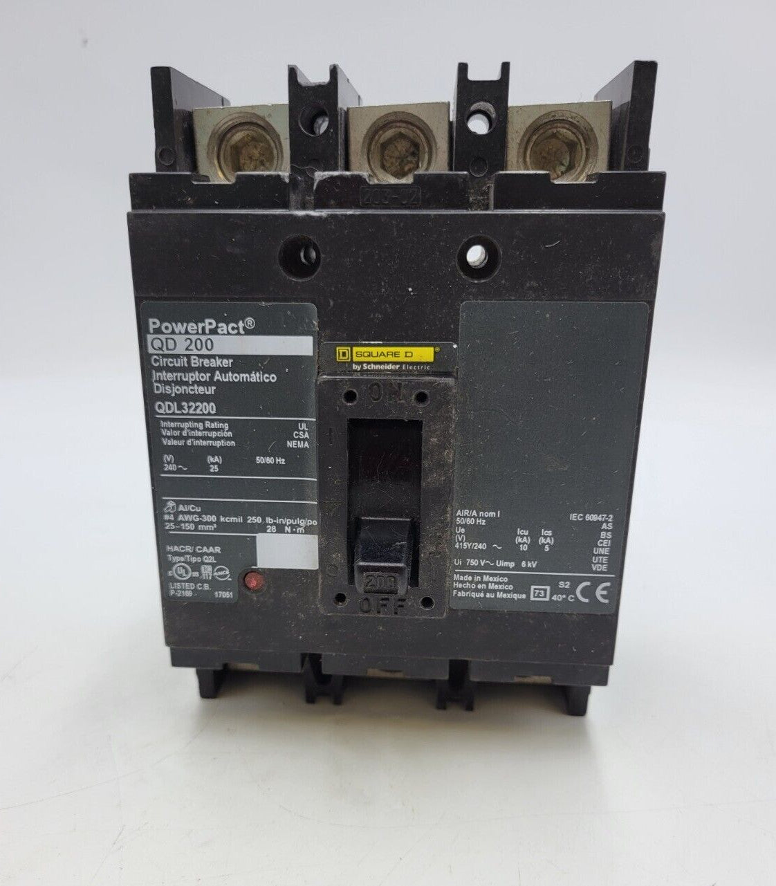 Square D QDL32200 PowerPact Feed-Thru Circuit Breaker 200A 240VAC 3P 3PH QD 200
