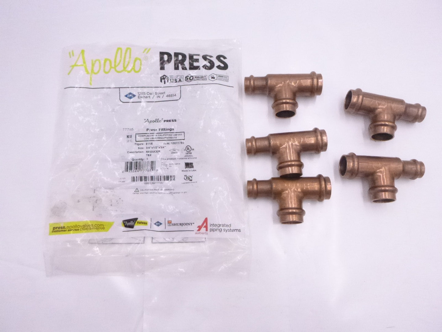 5 Pack Apollo 10077785 811R 3/4 x 1/2 x 3/4" Copper Press Reducing Tee