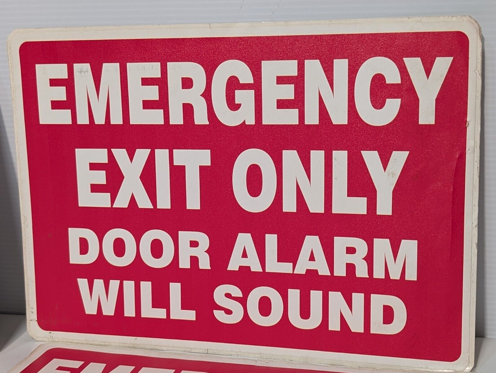Lot of 2 Vinyl Safety Signs "Emergency Exit Only - Door Alarm Will Sound", 14x10