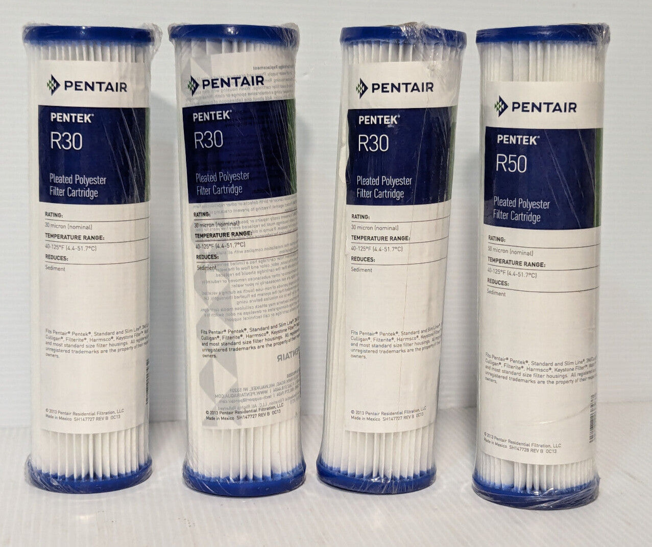 Lot of 4: Asstd. Pentair Pentek R30, R50 Pleated Filter Cartridges, 30-50 micron