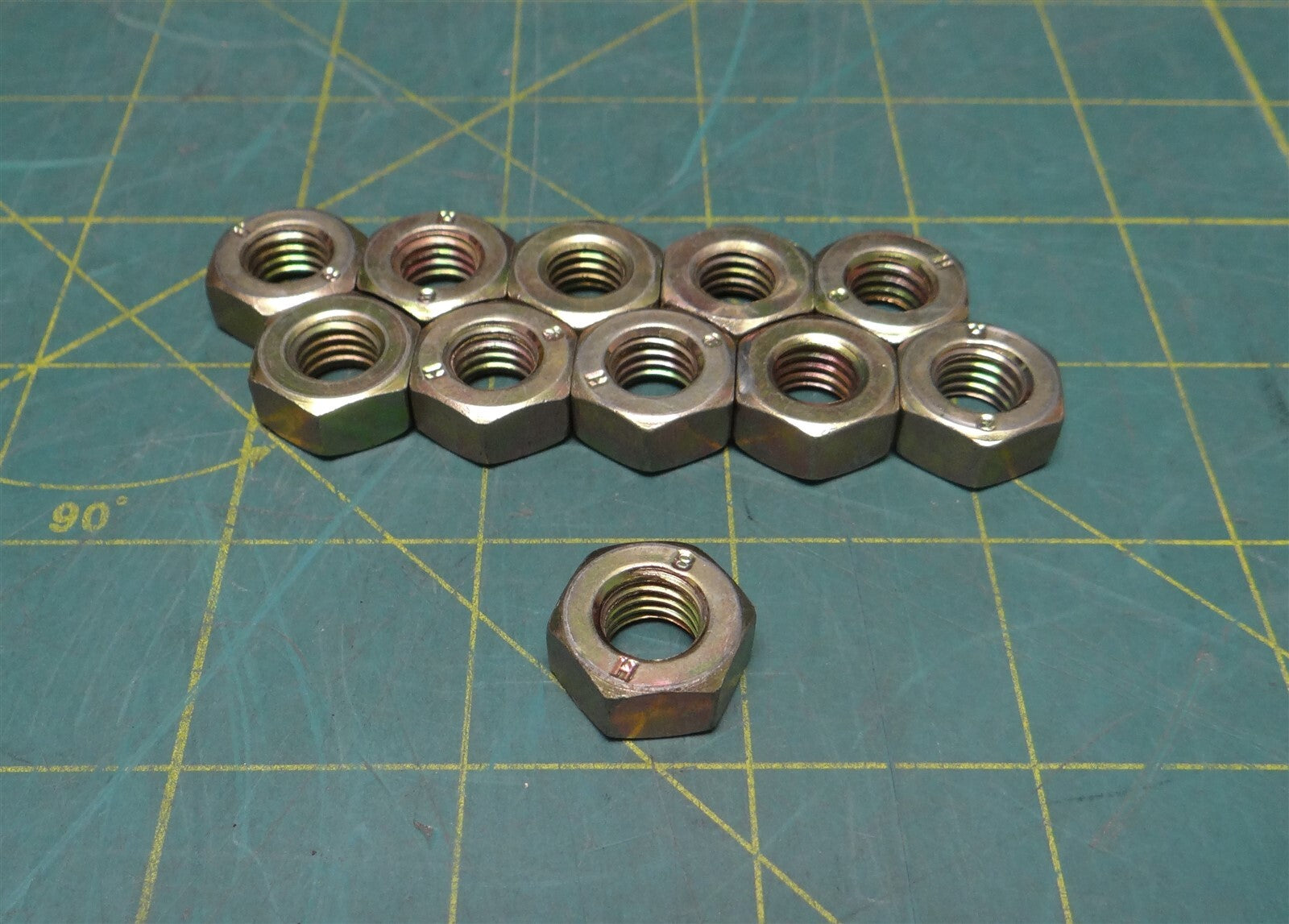 (Lot of 11) 3/8"-16 Coarse Hi Strength Yellow-Chromate Zinc Plated Steel Hex Nut