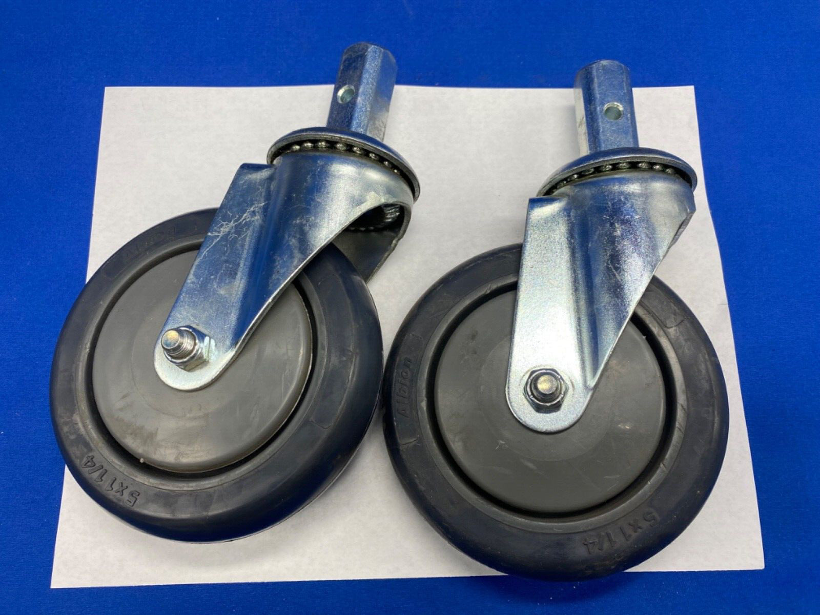 Colton 5” x 1-1/4” castors qty 2 lot, with Albion round rubber wheels sq stems