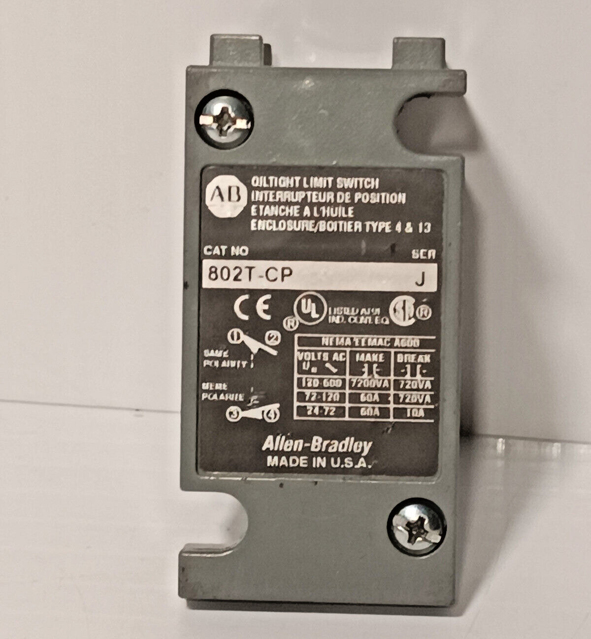 Allen Bradley 802T-CP Oil Tight Limit Switch, Made in USA, Series J