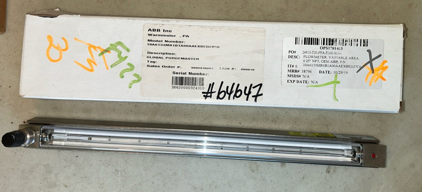 ABB FLOWMETER VARIABLE AREA 10a6133mb1b1a00aaexbed28c6. 0.25” NPT, OEM ABB.   Q2