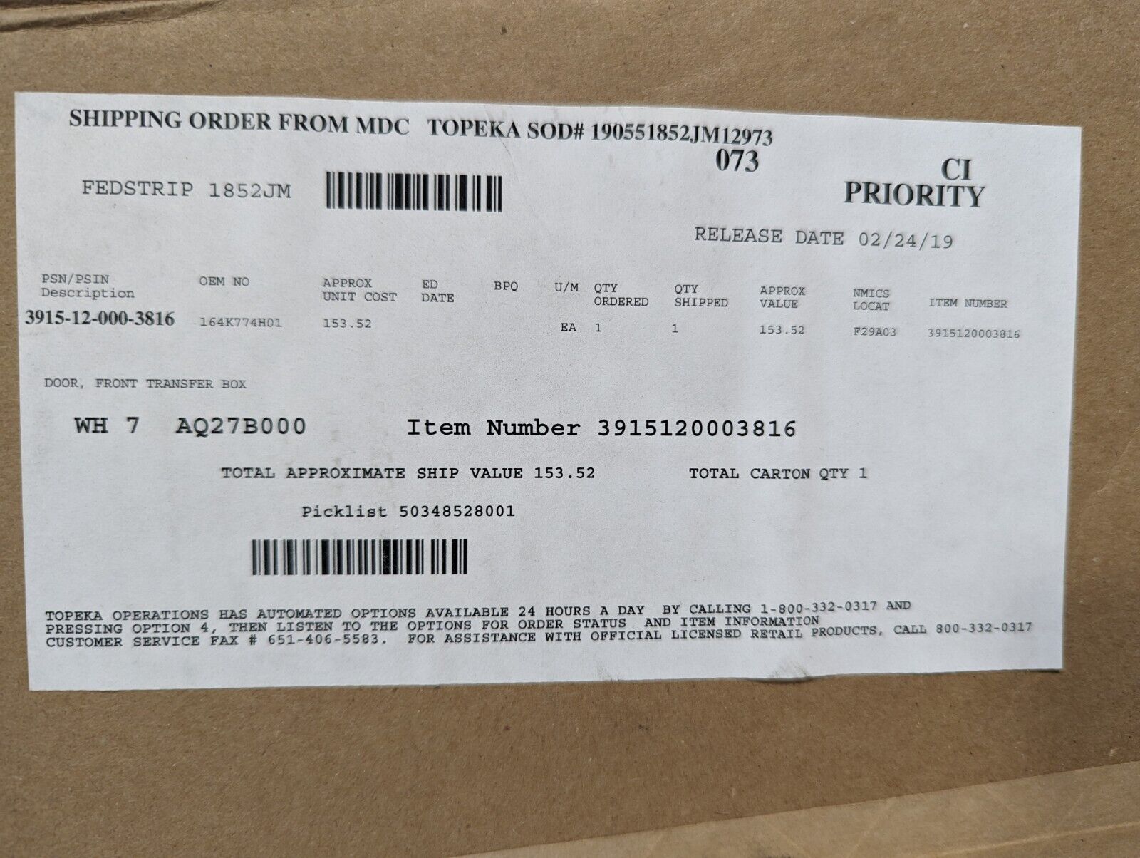 3915-12-000-3816 164K774H01 Front Transfer Box Door