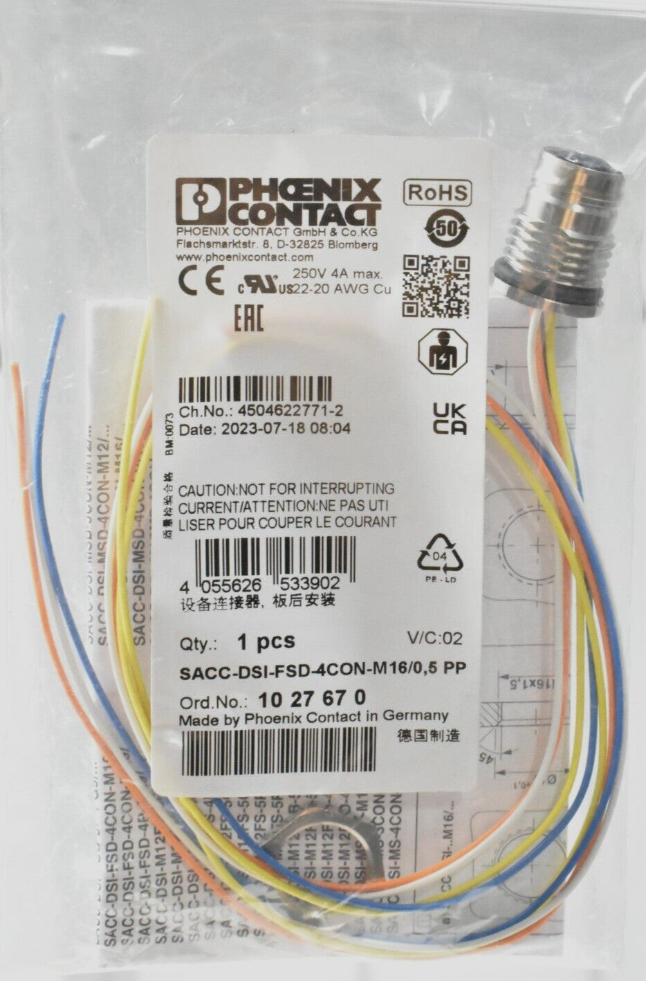 Phoenix Contact SACC-DSI-FSD-4CON-M16/0,5 PP Device Connector Rear Mounting