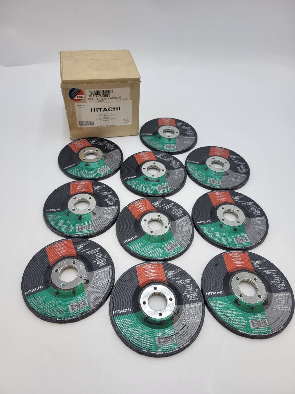 10PC Lot Hitachi Type 27 Angle Grinding Wheel 4-1/2" x 1/4" x 7/8" 13,300-RPM