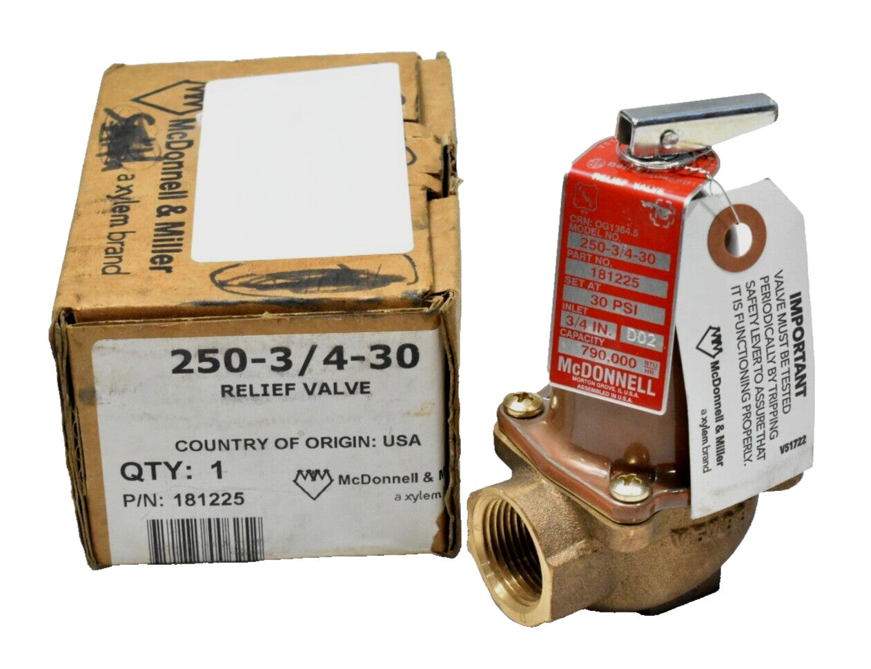 McDonnell & Miller 250-3/4-30 ASME Relief Valve 3/4" NPT, 30 PSI (P/N: 181225)