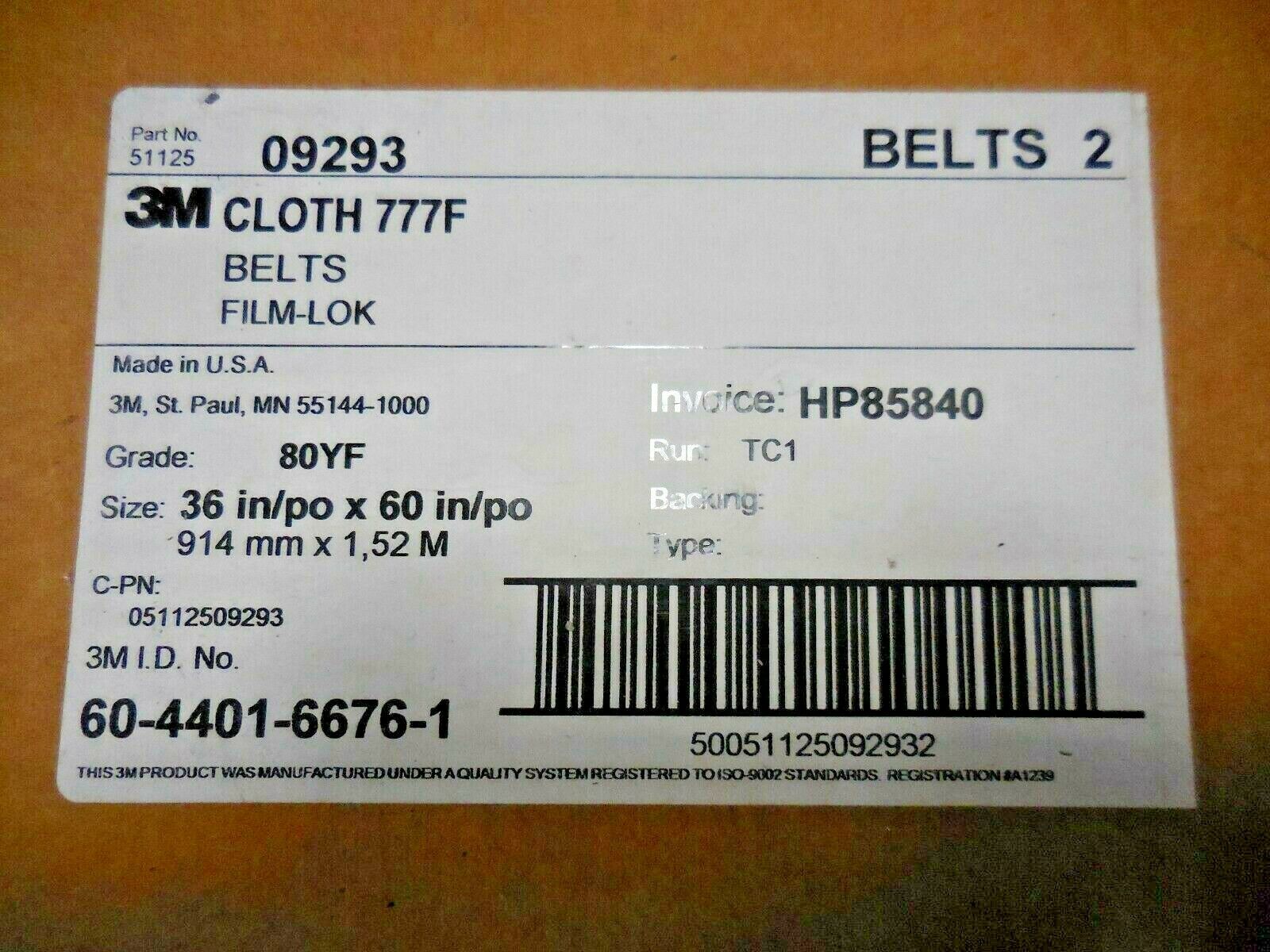 3M Grade 09293, 80YF, 36" x 60" Film-Lok Abrasive Sanding Belts (Lot of 2) "NEW"
