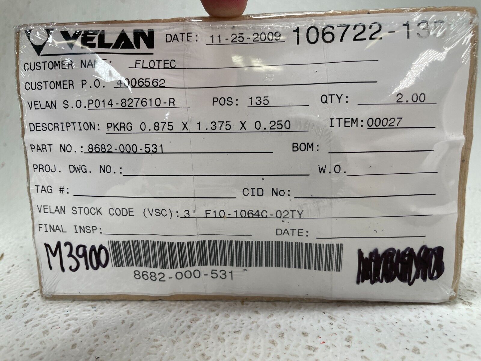 (2) VELAN 8682-000-531, PKRG 0.875 x 1.375 x 0.250, STK CODE 3" F10-1064C-02TY