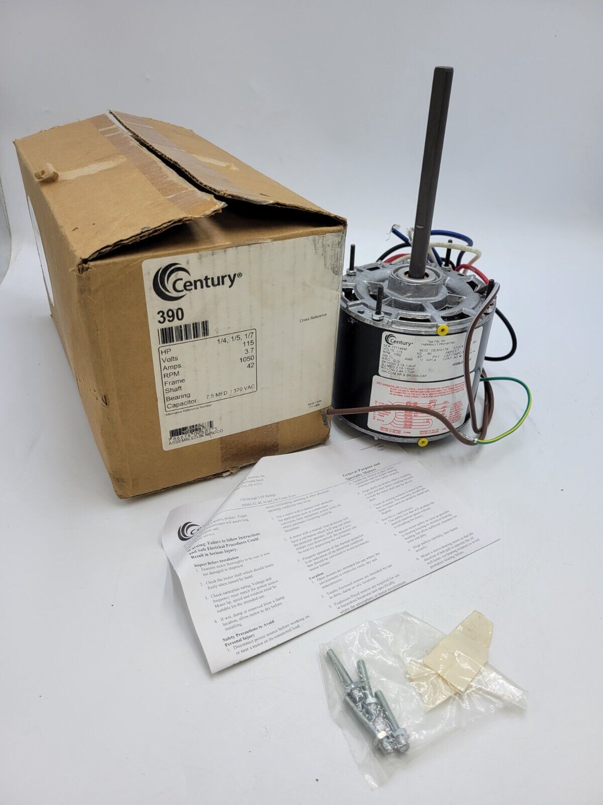 Century DE3H017N Blower Motor Thermally Protected 3.7A 115V 1PH 1/4HP 1050-RPM