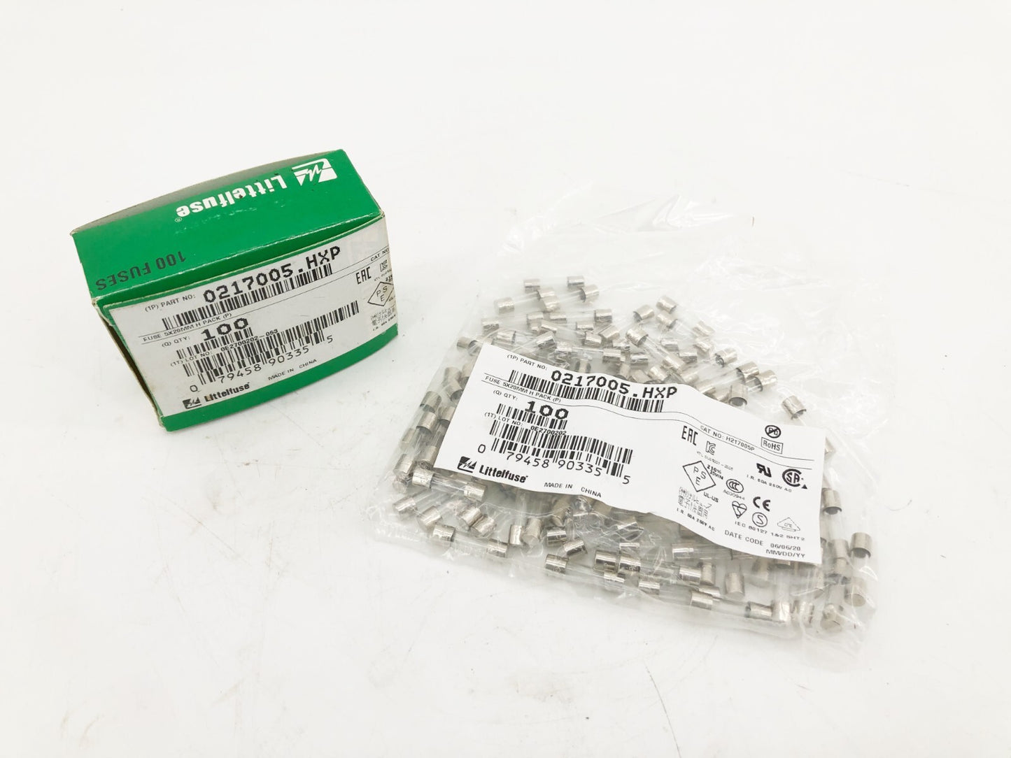 Box of 100 New Littelfuse 0217005.HXP Fast-Acting Cartridge Fuses 5A 5x20mm