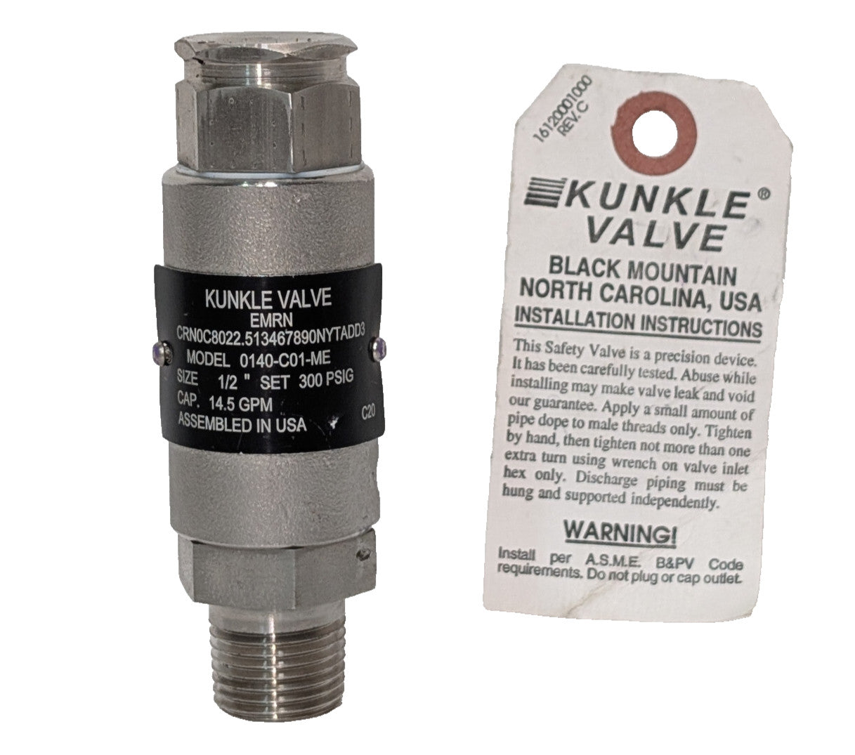 Kunkle EMRN 0140-C01-ME Relief Valve 1/2" Set 300PSIG, Cap. 14.5GPM, Made in USA