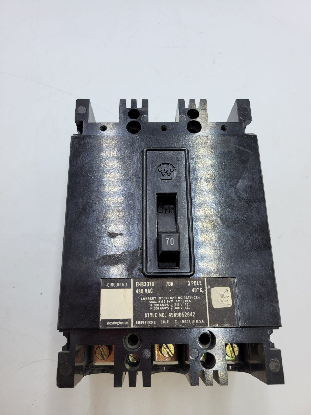 Westinghouse EHB3070 Circuit Breaker 70A 3P 480V 3PH EHB-3070 70 Amp 3 Pole