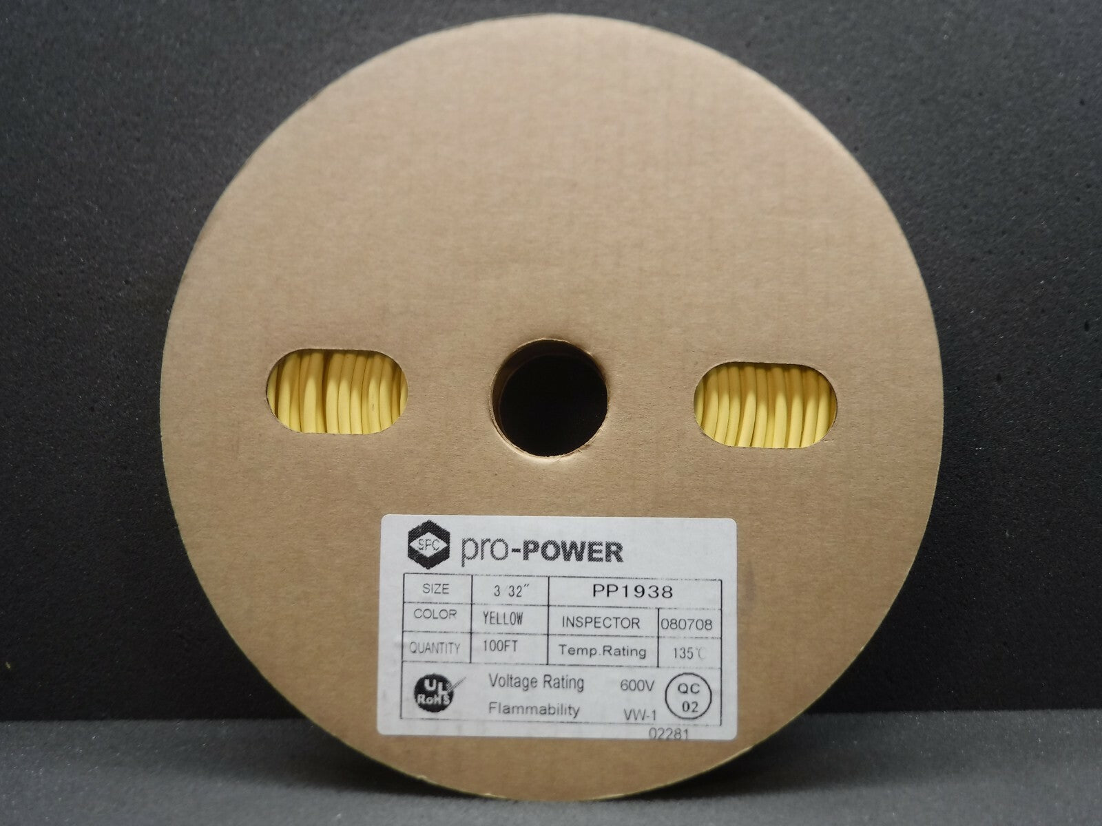 SFC, Pro-Power, PP1938,100FT, 600V, Temp Rating 135 C, Yellow Heat Shrink Tubing