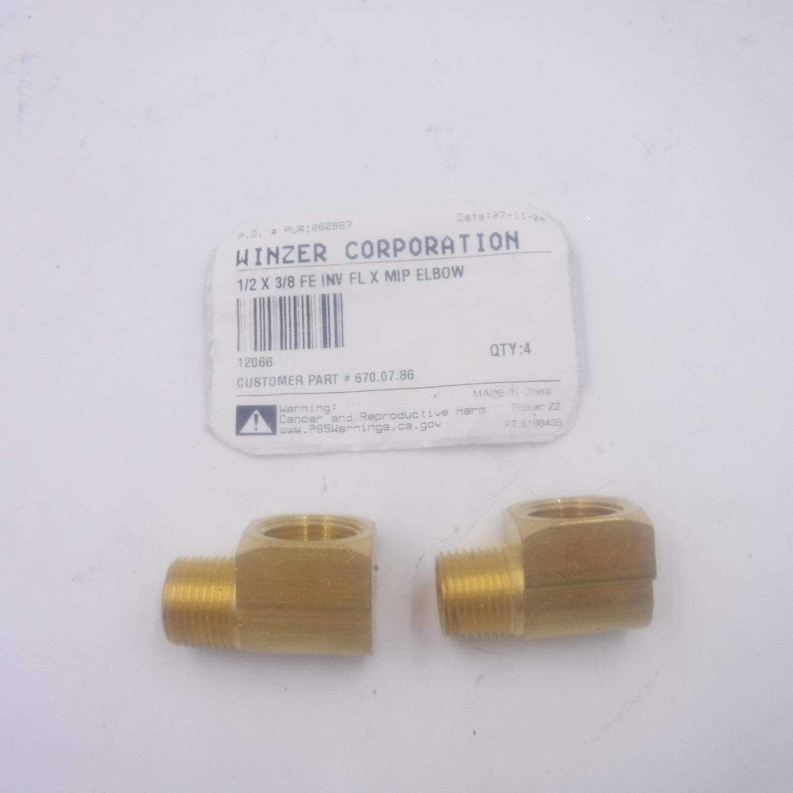 2 Pack 670.07.86 3/8" MIP x 1/2" Female Brass Inverted Flare Tube 90° Elbow
