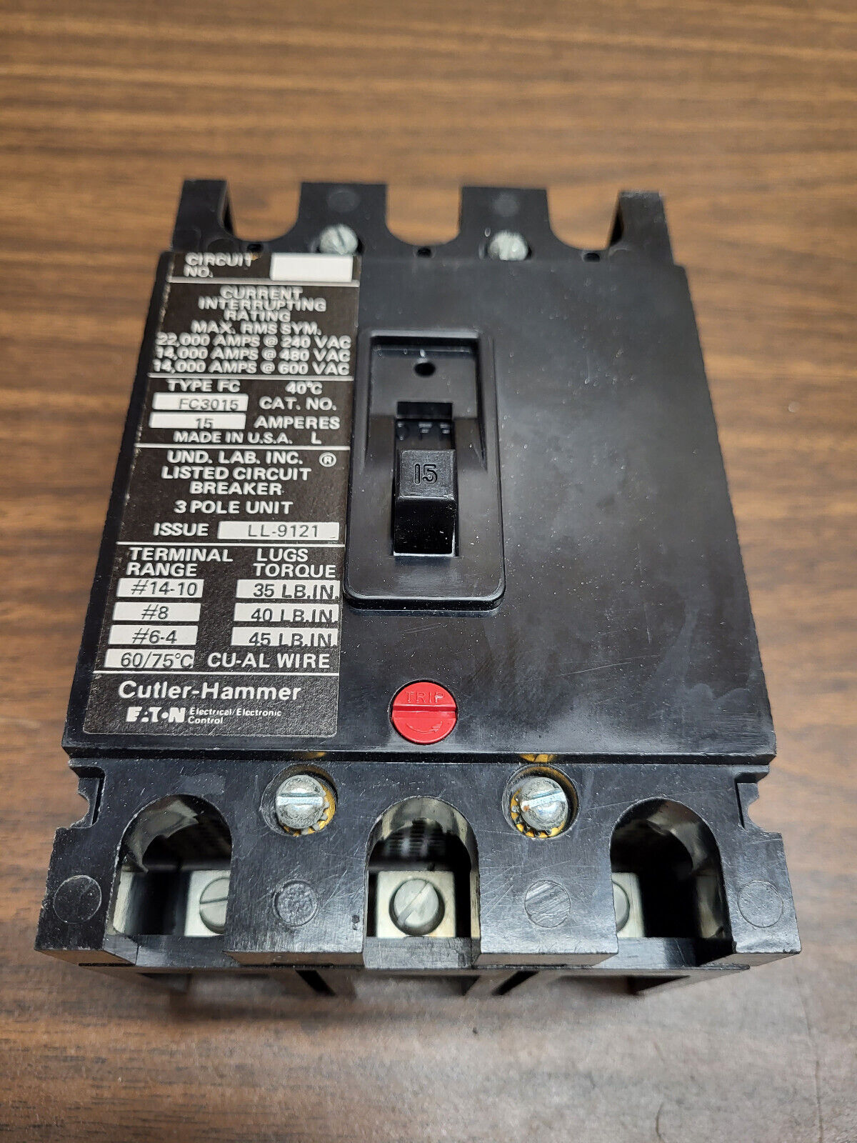 CUTLER HAMMER EATON FC3015 3 POLE 15 AMP 600 VOLT BREAKER
