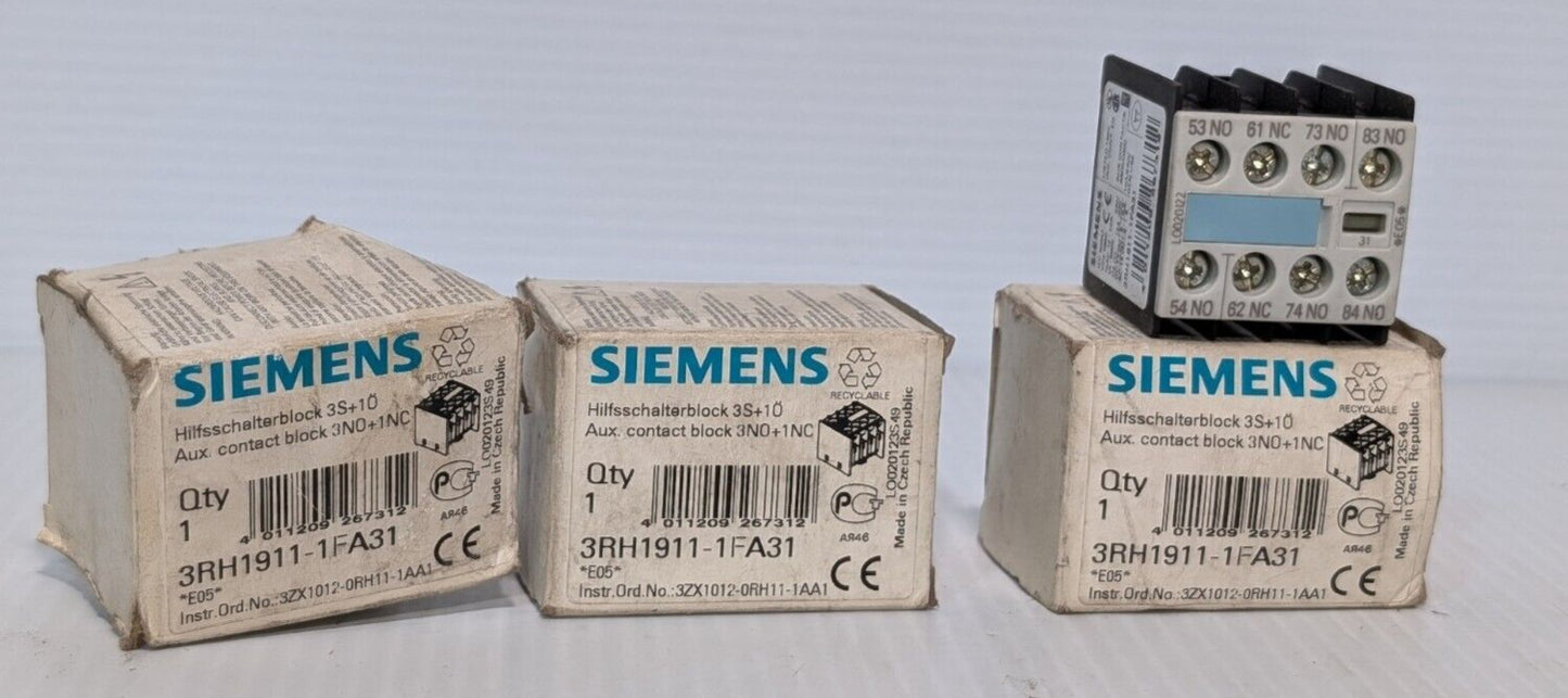 Lot of 3 Siemens 3RH1911-1FA31 Auxillary Switch Blocks, 10 AMP, 240 VAC
