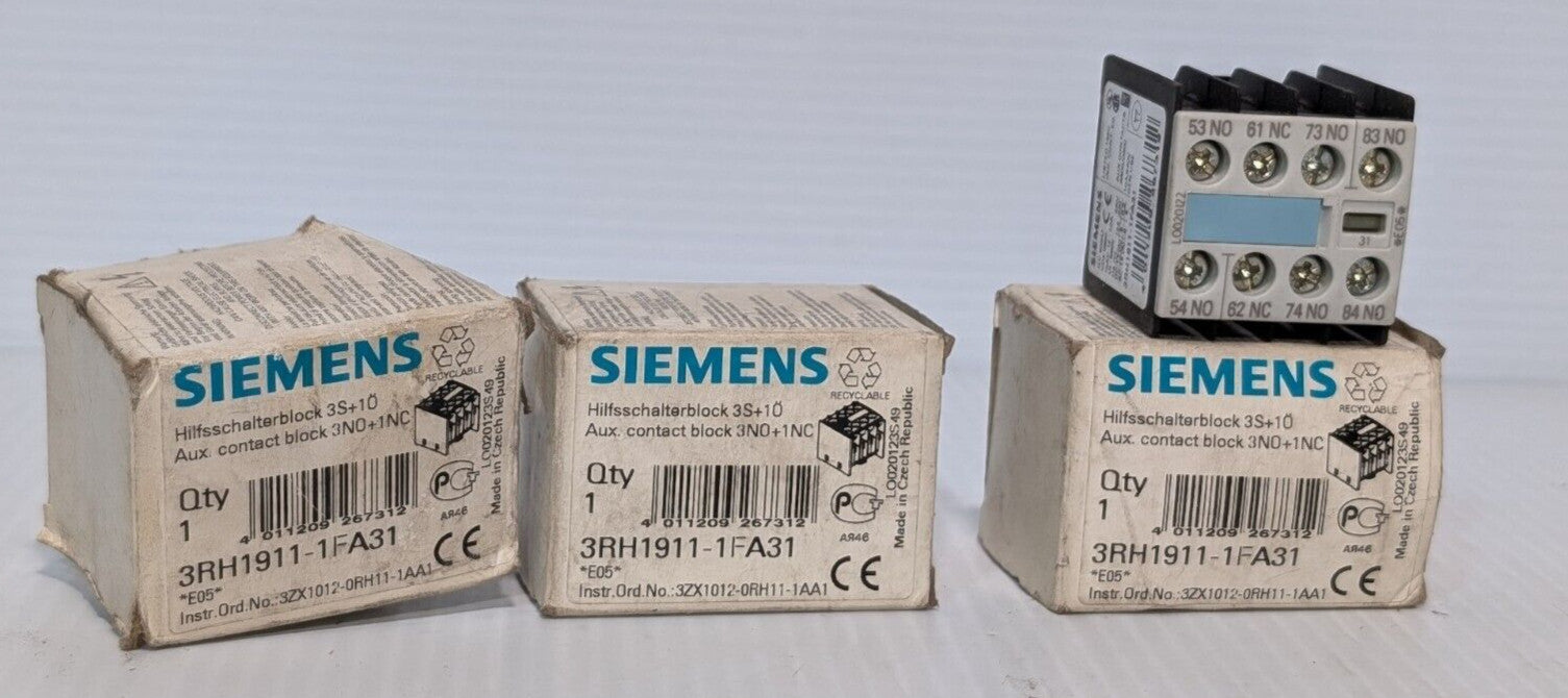 Lot of 3 Siemens 3RH1911-1FA31 Auxillary Switch Blocks, 10 AMP, 240 VAC