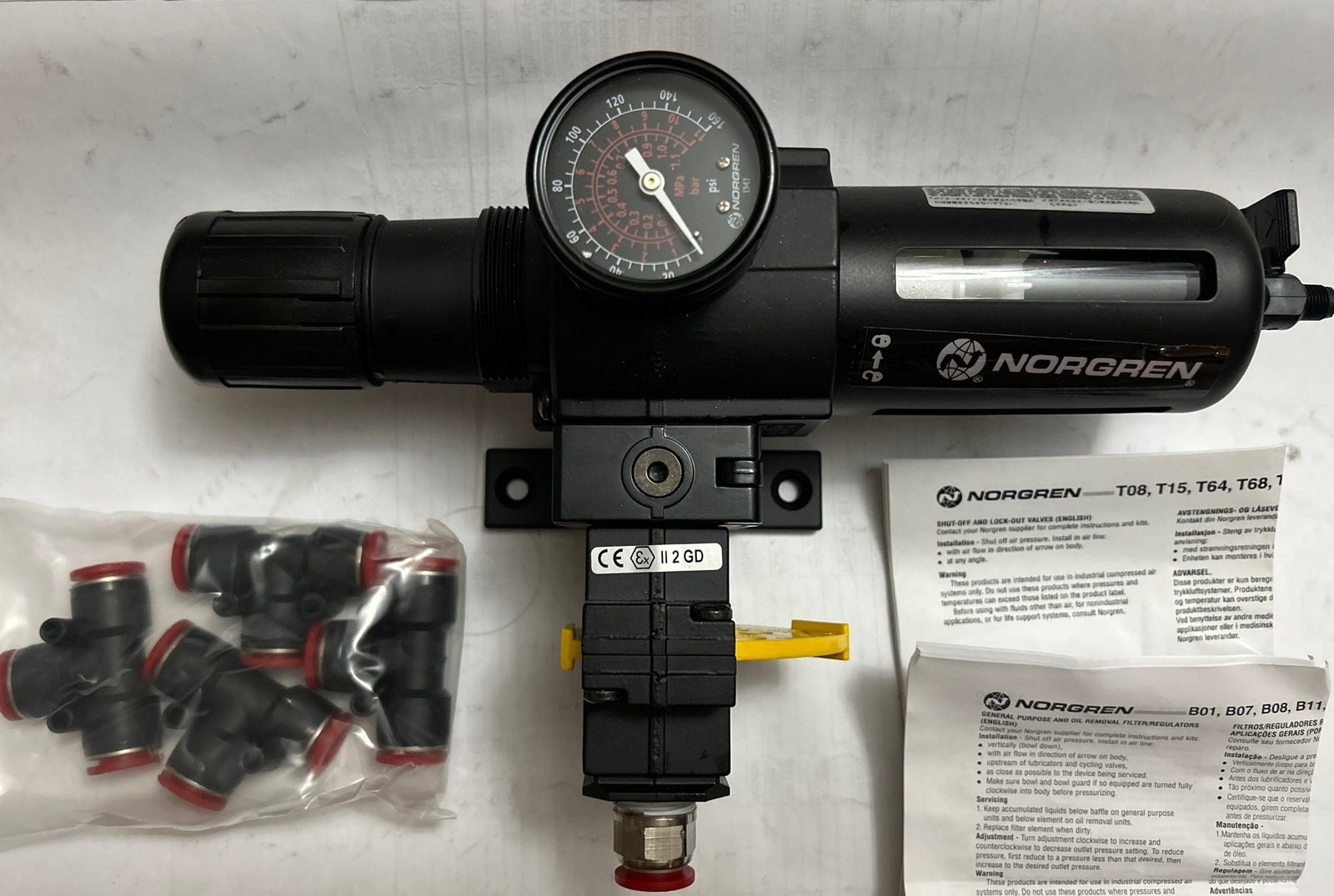 NEW NORGREN B74G-4AK-QP3-RMG REGULATOR / FILTER + T74E-4AA-P1N Lockout Valve. BC