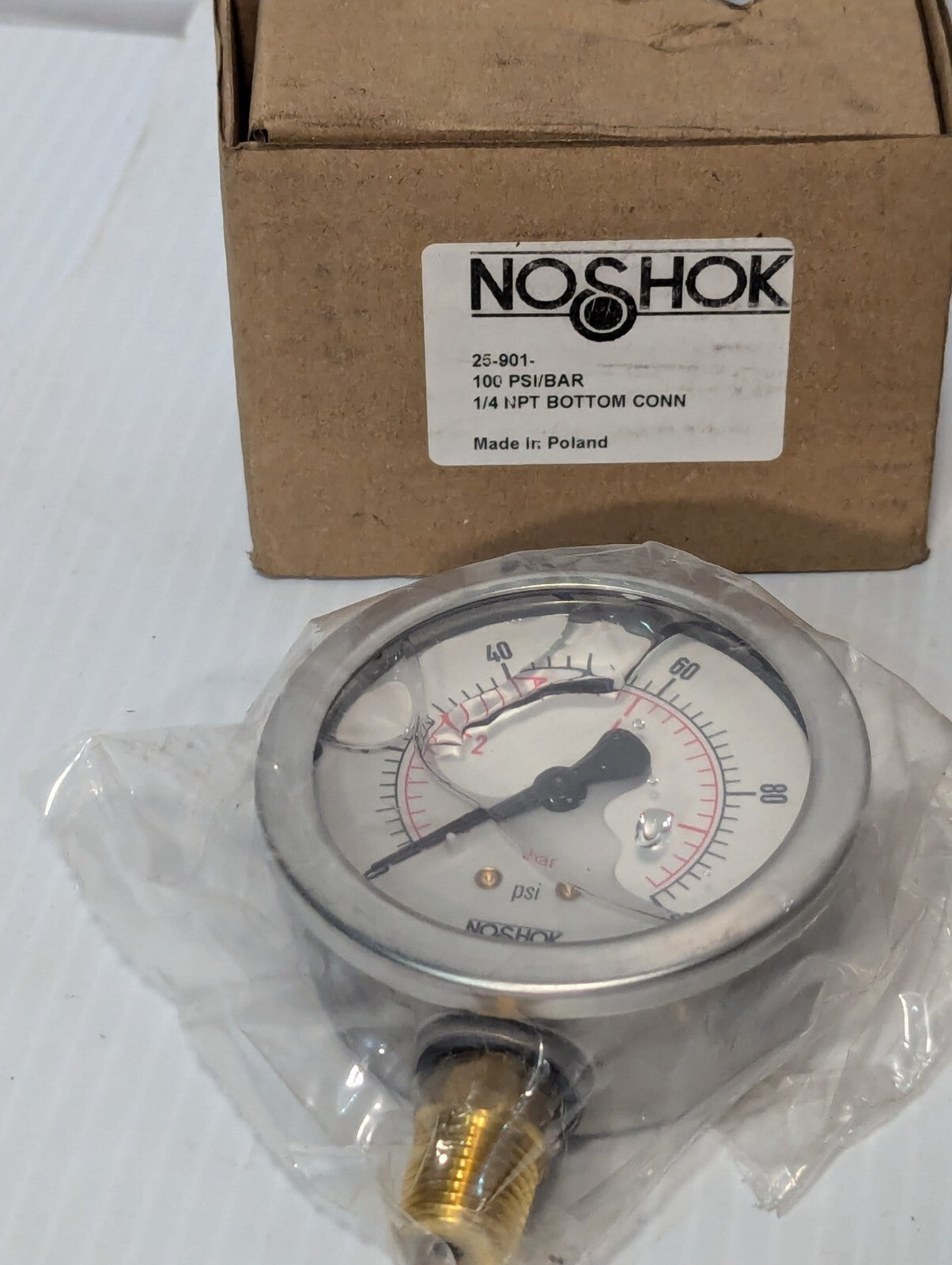 Noshok 25-901-100 PSI/BAR Liquid Filled Stainless Pressure Gauge 1/4" NPT, NEW