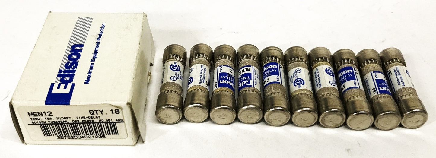 Edison 12 Amp 250 Volt Time Delay Fuse MEN12 [Lot of 10] NOS
