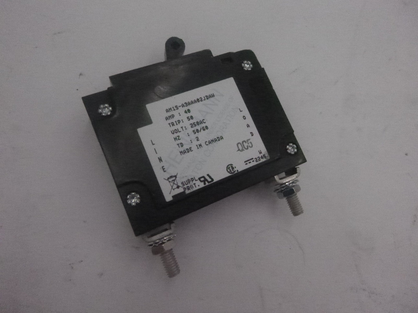 Heinemann 1-Pole Hydraulic Magnetic Circuit Breaker 250VAC 40A 50/60Hz