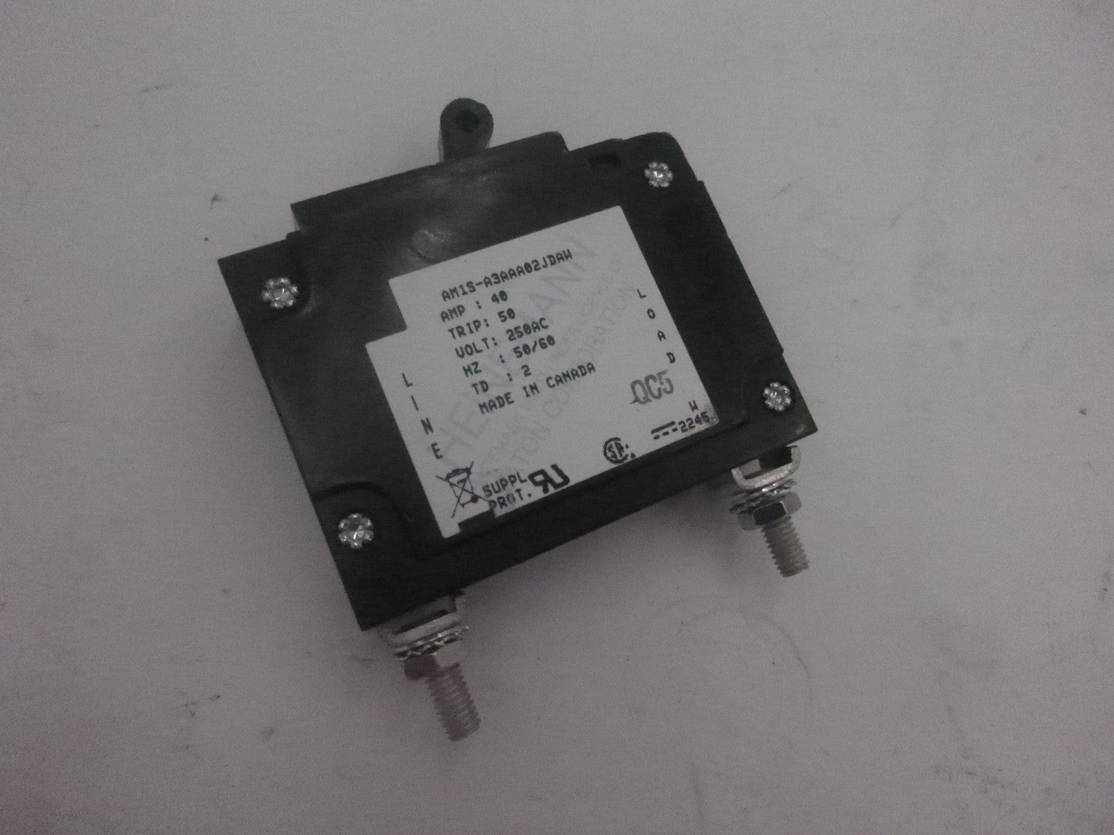 Heinemann 1-Pole Hydraulic Magnetic Circuit Breaker 250VAC 40A 50/60Hz