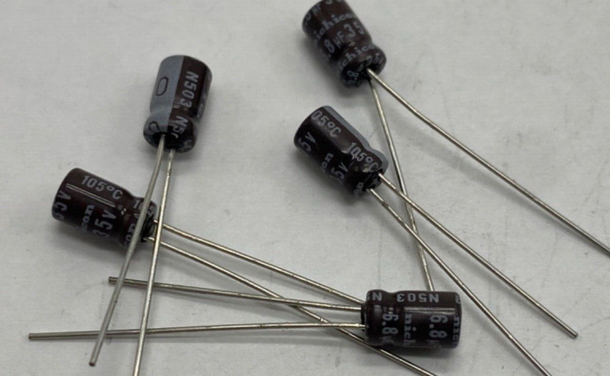 Pack of 5, Nichicon PW series UPW1V6R8MDD electrolytic capacitor 6.8uf/35V