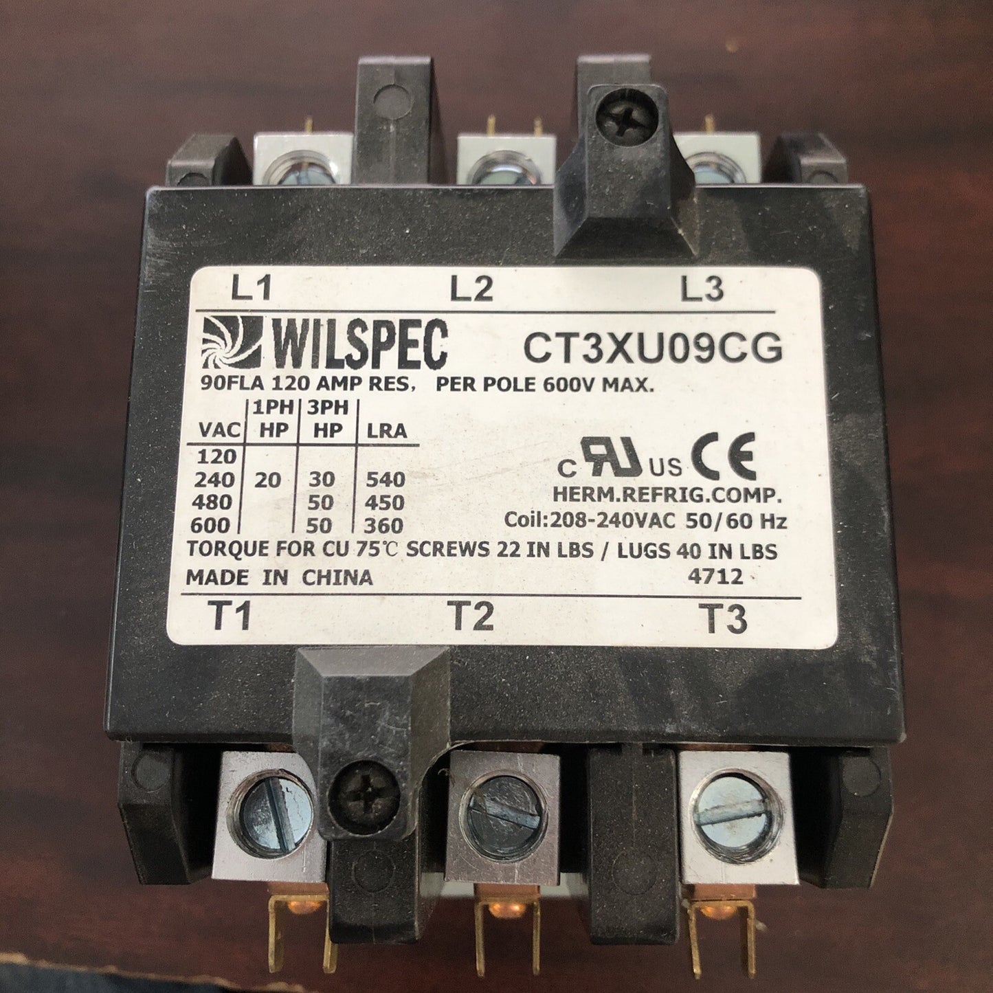 Brand New Wilspec Main Contactor CT3XU09CG 208-240V 90 FLA 120 AMP RES 600V MAX