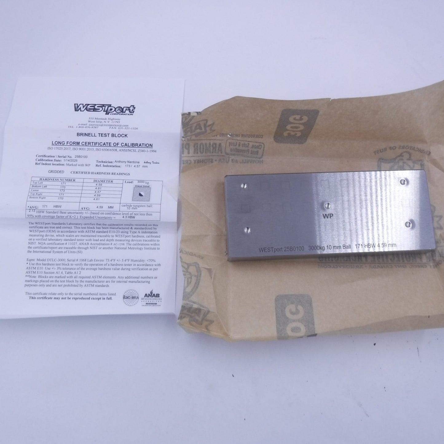 Single Westport Brinell 6"x2-1/2" Test Block 3000Kg 171 HBW 10mm Ball SEE DESC