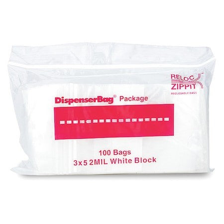 Reloc Zippit Wr35 Reclosable Poly Bag, Zip Seal, 5 In L, 3 In W, 2 Mil Thick,