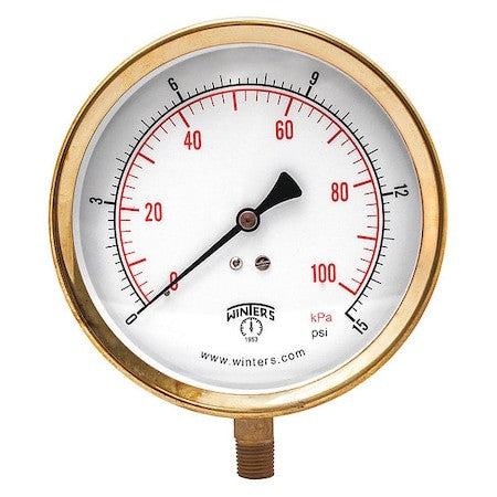 Winters P1s419 Industrial Pressure Gauge, 0 To 15 Psi, 4 1/2 In Dial, 1/4 In