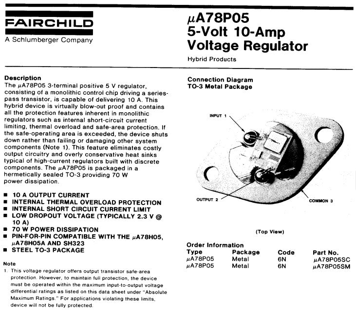 FAIRCHILD - UA78P05SC – Voltage Regulator, 5V 10Amp, TO-204/TO-3 Metal.
