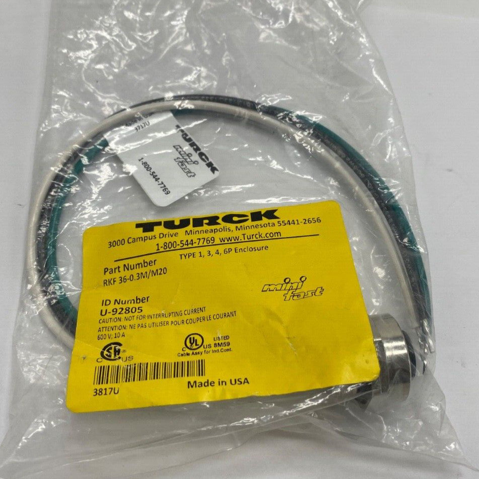 Turck cable RKF36-0.3M/M20 cable 3 pin 7/8”-16UN Mini-Fast receptacle ID U-92805