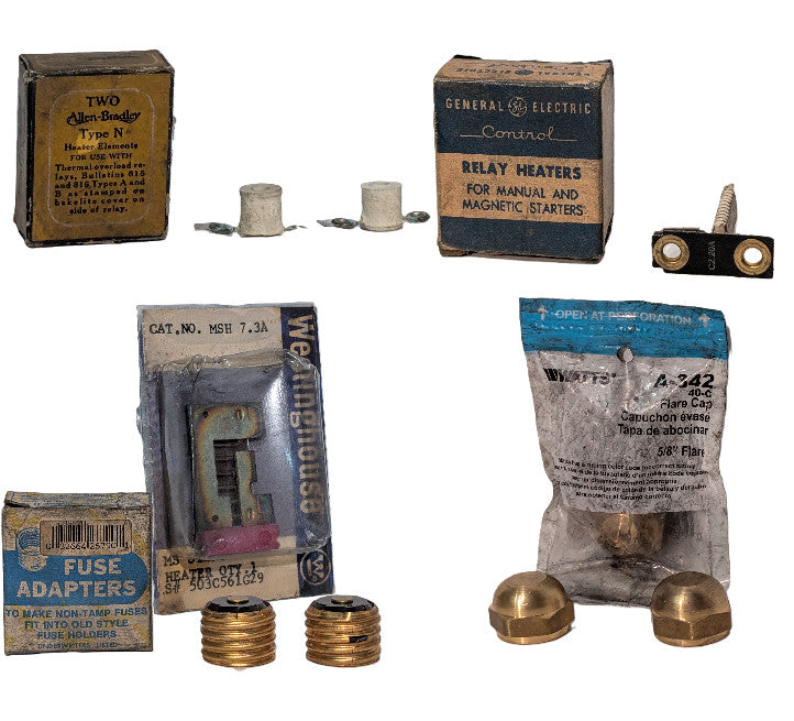 Lot of Asst HW: A-B, GE, Westinghouse Heater Elements, 5/8" Flare Cap, Fuse Adpt